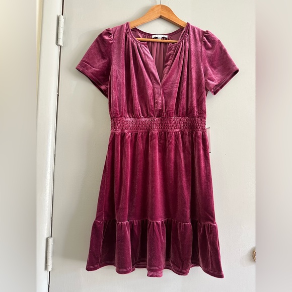 NWT! City Vibe wine colored V neck Velvet Smocked Waist Skater Dress - Picture 3 of 9